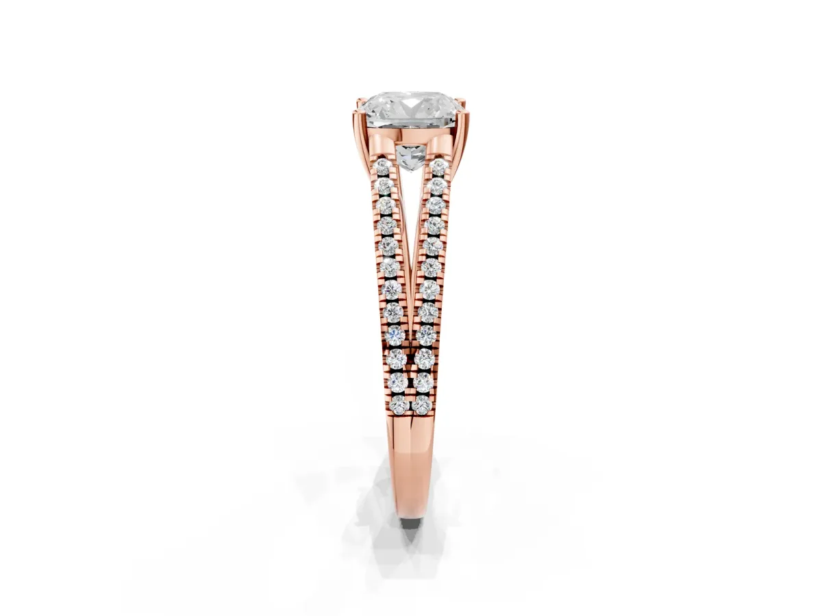 Cushion Cut Diamond Solitaire Engagement Ring with Split Shank Pavé Band Rose gold
