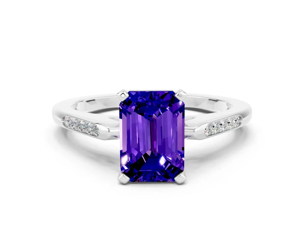Emerald Cut Tanzanite Solitaire Ring with Channel Set Round Band and Prong Setting Silver