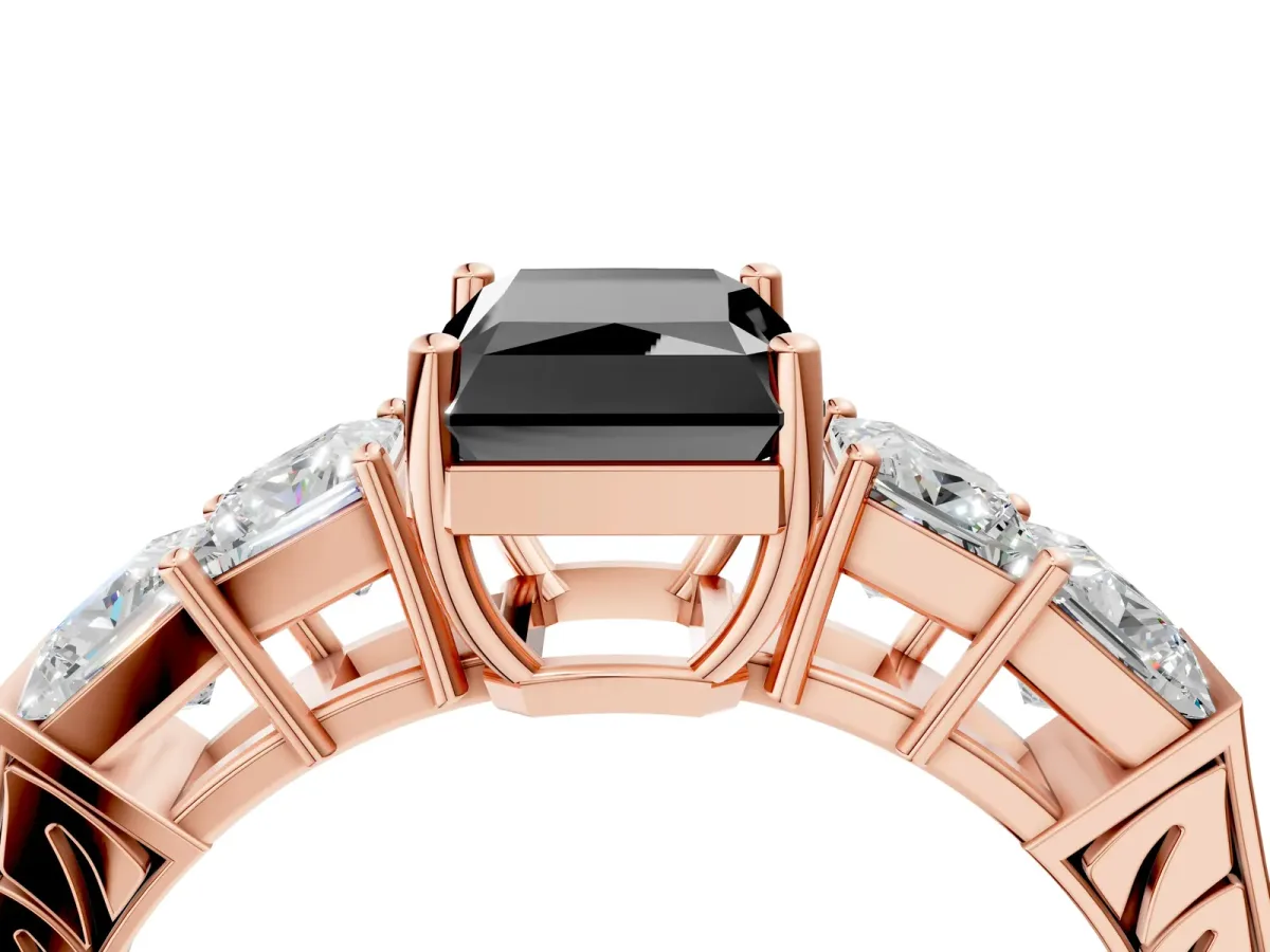 Fancy Black Radiant Cut Solitaire Princess Side Stone Engraved Band Prong Setting Ring Rose gold