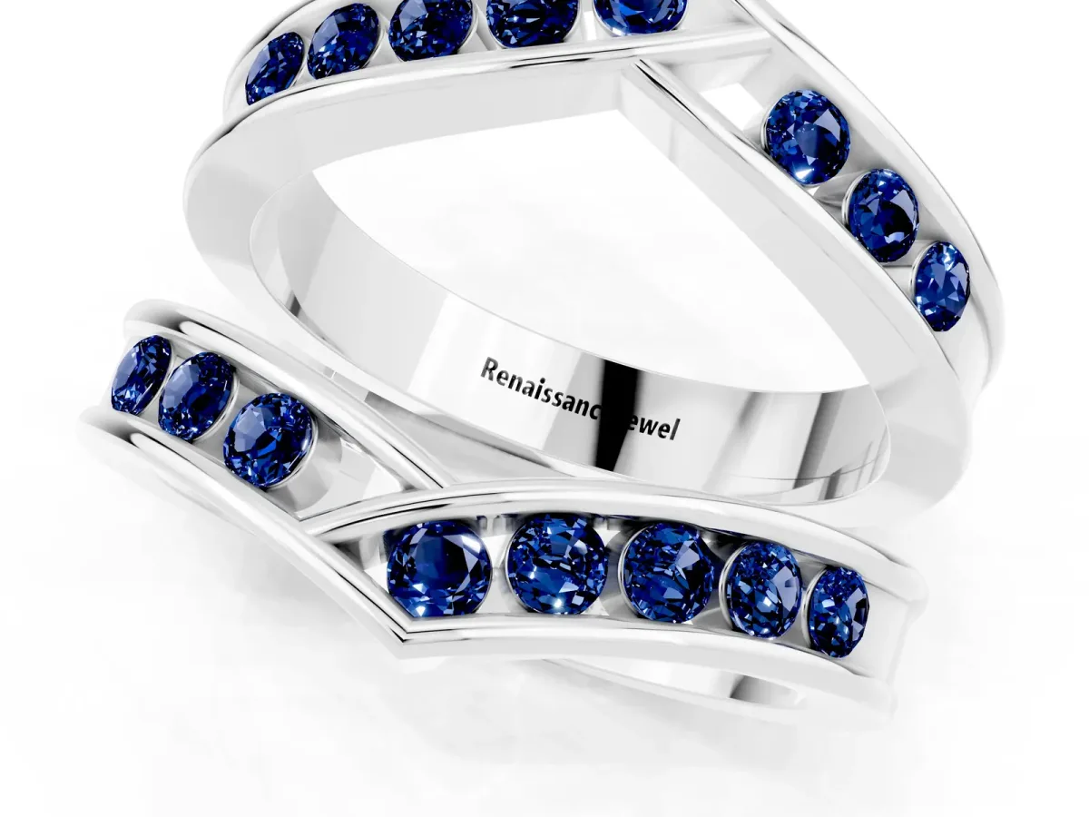 Round Blue Sapphire Channel-Set Chevron Band White gold