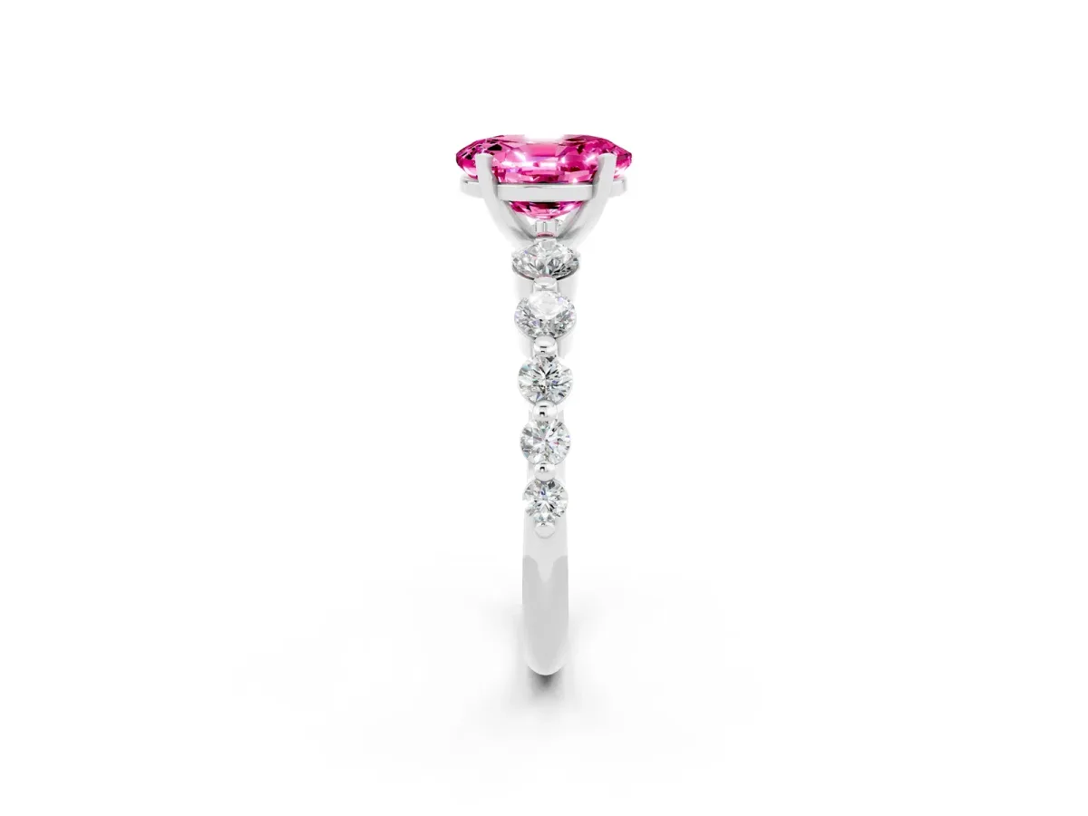 Oval Cut Solitaire Pink Sapphire Ring with Pave Band and Four-Prong Setting Silver