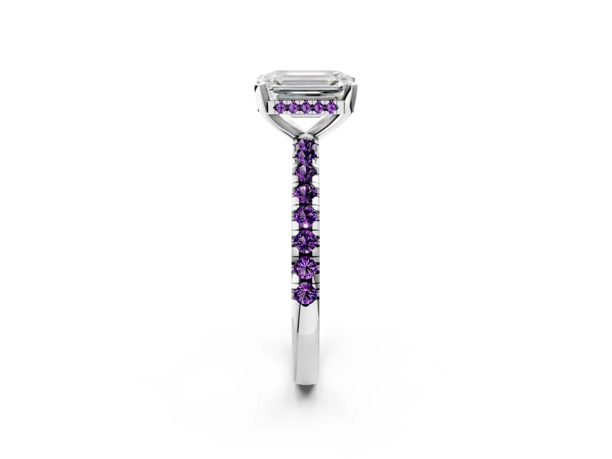 Emerald Cut Diamond Solitaire Ring with Round Amethyst Pavé Band and Four-Prong Setting Platinum