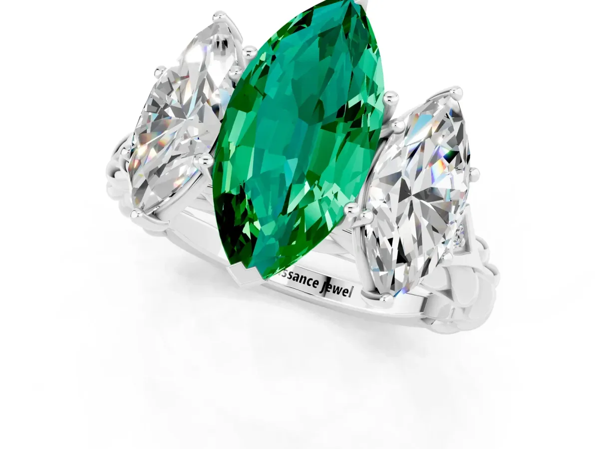 Three-Stone Marquise Cut Emerald Braided Band Ring with Four-Prong Setting White gold