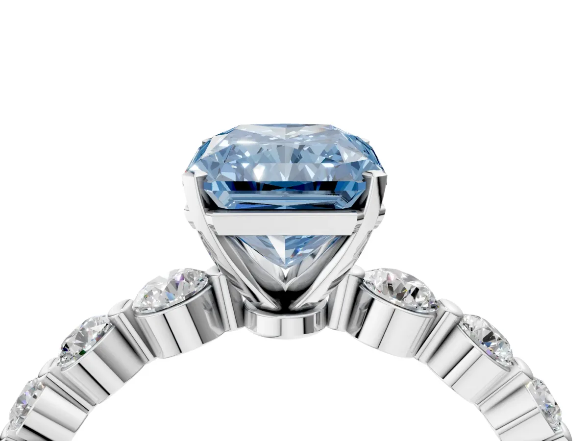 Fancy Blue Radiant Cut Solitaire Diamond Ring with Pave Band and Four-Prong Setting Silver