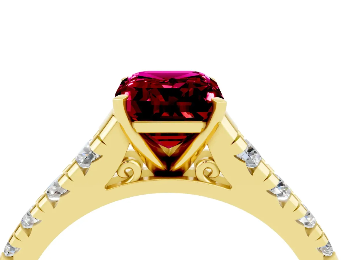 Emerald Cut Garnet Cathedral Solitaire Ring with Round Pavé Band Yellow gold