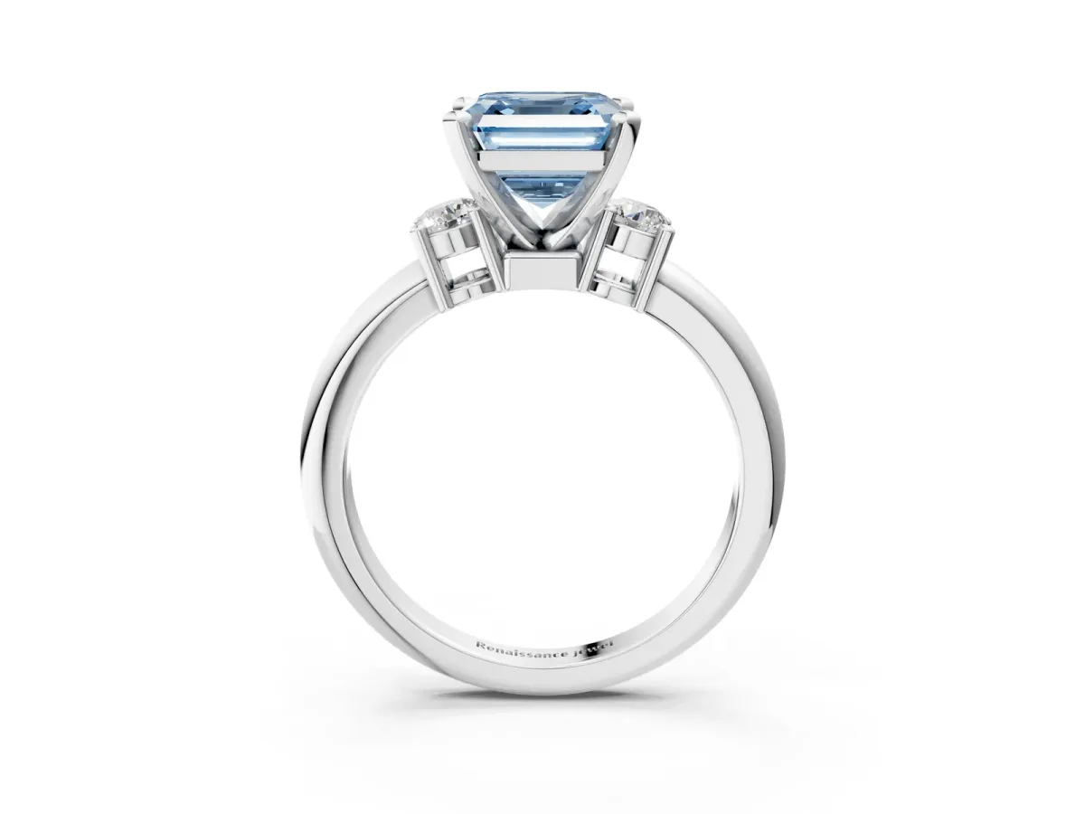 Fancy Blue Three-Stone Asscher Cut Cut Diamond Solitaire with Prong Setting and Classic Band Platinum