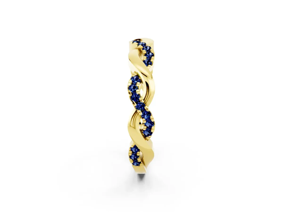 Pavé Round Blue Sapphire Twist Eternity Band with Shared Prong Setting Yellow gold