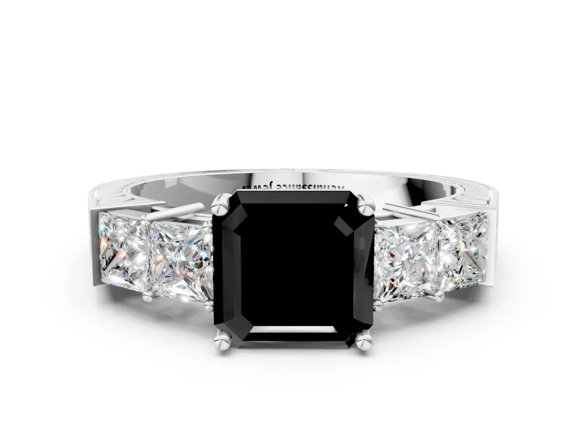 Fancy Black Asscher Cut Solitaire Princess Side Stone Engraved Band Prong Setting Ring Silver