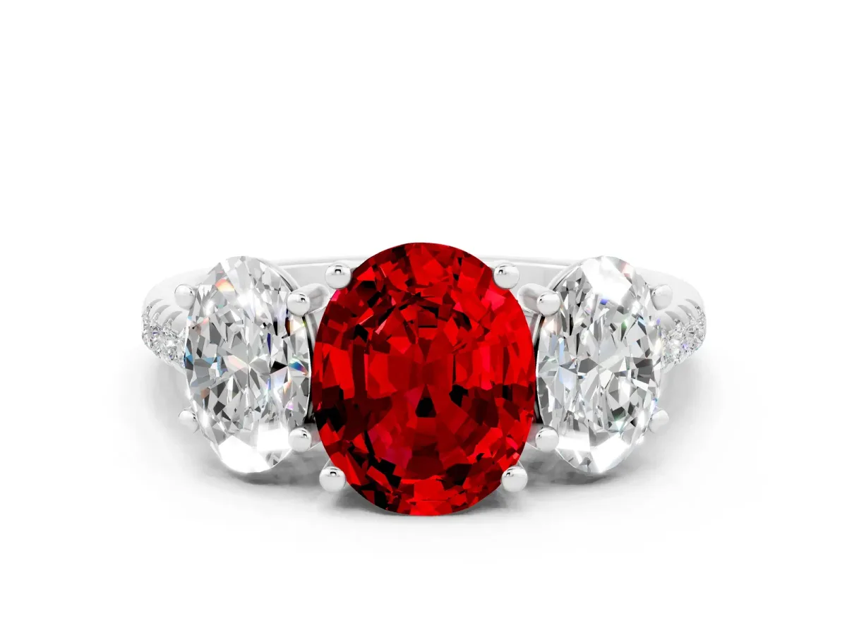 Three-Stone Oval Cut Ruby Ring with Round Pavé Band and Prong Setting Platinum