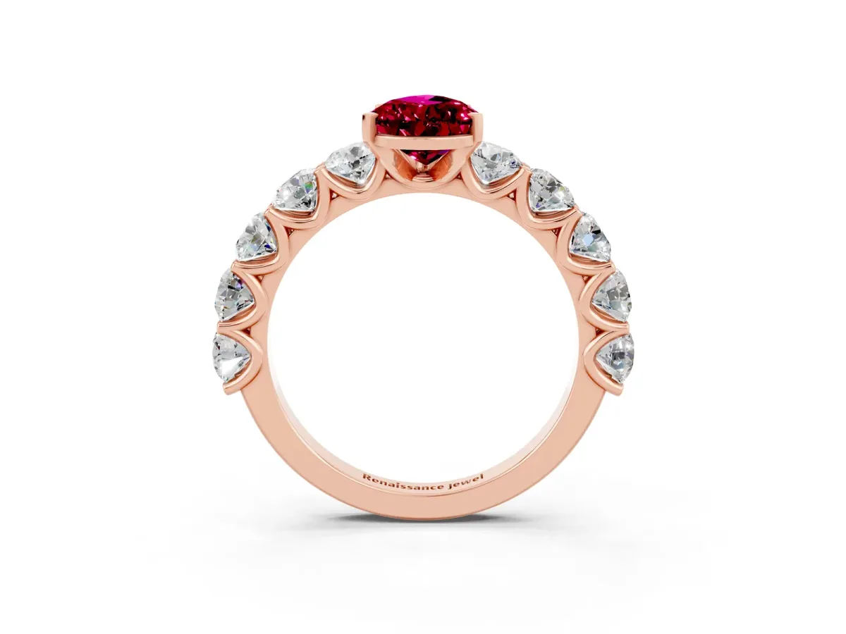 Pear Cut Garnet Prong Setting with Side Stones on a Pave Band Rose gold