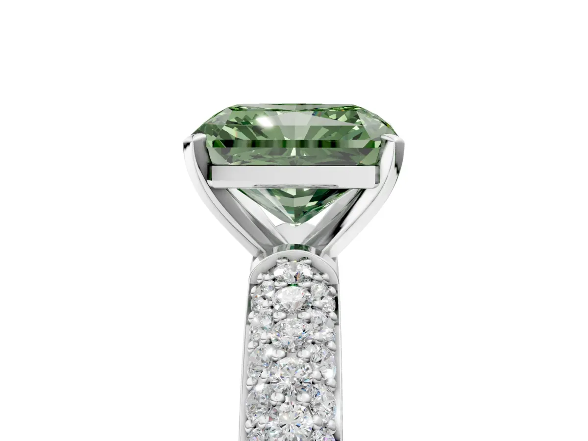 Fancy Green Radiant Cut Diamond Solitaire Ring with Prong Setting and Pavé Band Platinum