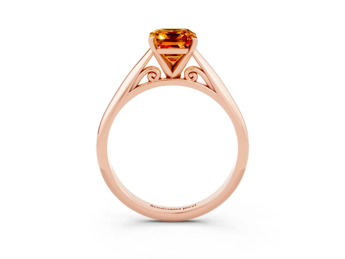 Emerald Cut Citrine Solitaire Engagement Ring with Cathedral Setting and Four-Prong Mount Rose gold