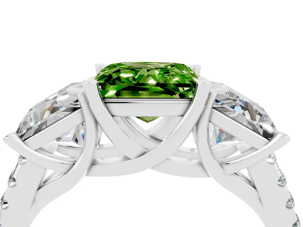 Three-Stone Princess Cut Peridot Ring with Round Pavé Band and Prong Setting Platinum