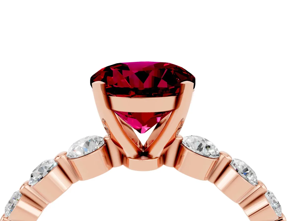 Round Cut Solitaire Garnet Ring with Pave Band and Four-Prong Setting Rose gold