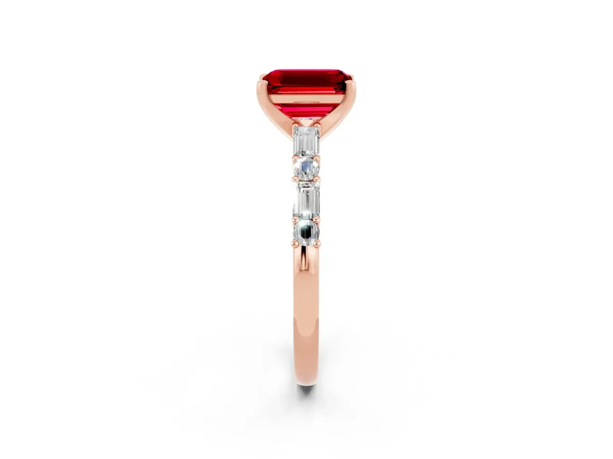 Emerald Cut Ruby Solitaire with Side Baguettes and Channel Set Band Rose gold
