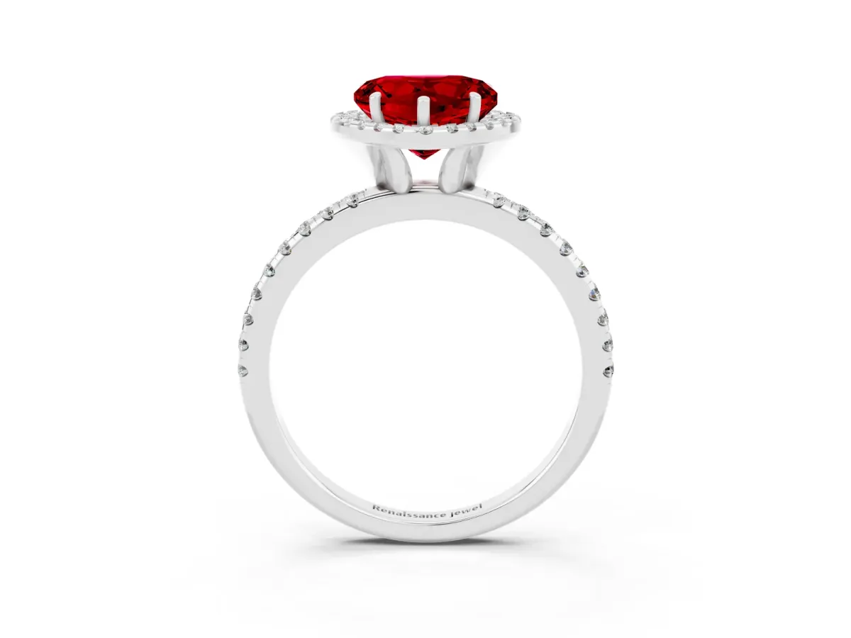 Heart Cut Ruby Halo Engagement Ring with Round Pavé Band and Prong Setting Platinum