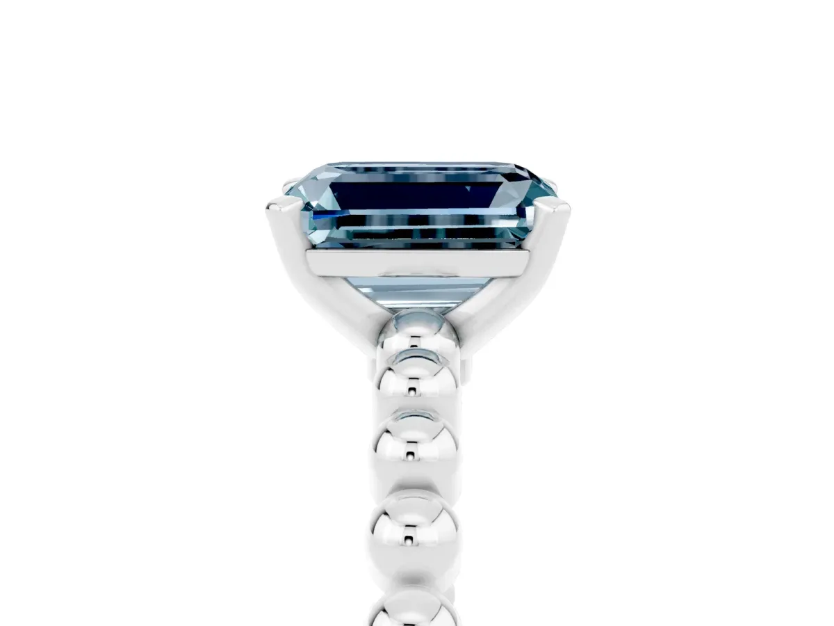 Emerald Cut Aquamarine Solitaire Ring with Beaded Band and Prong Setting Platinum