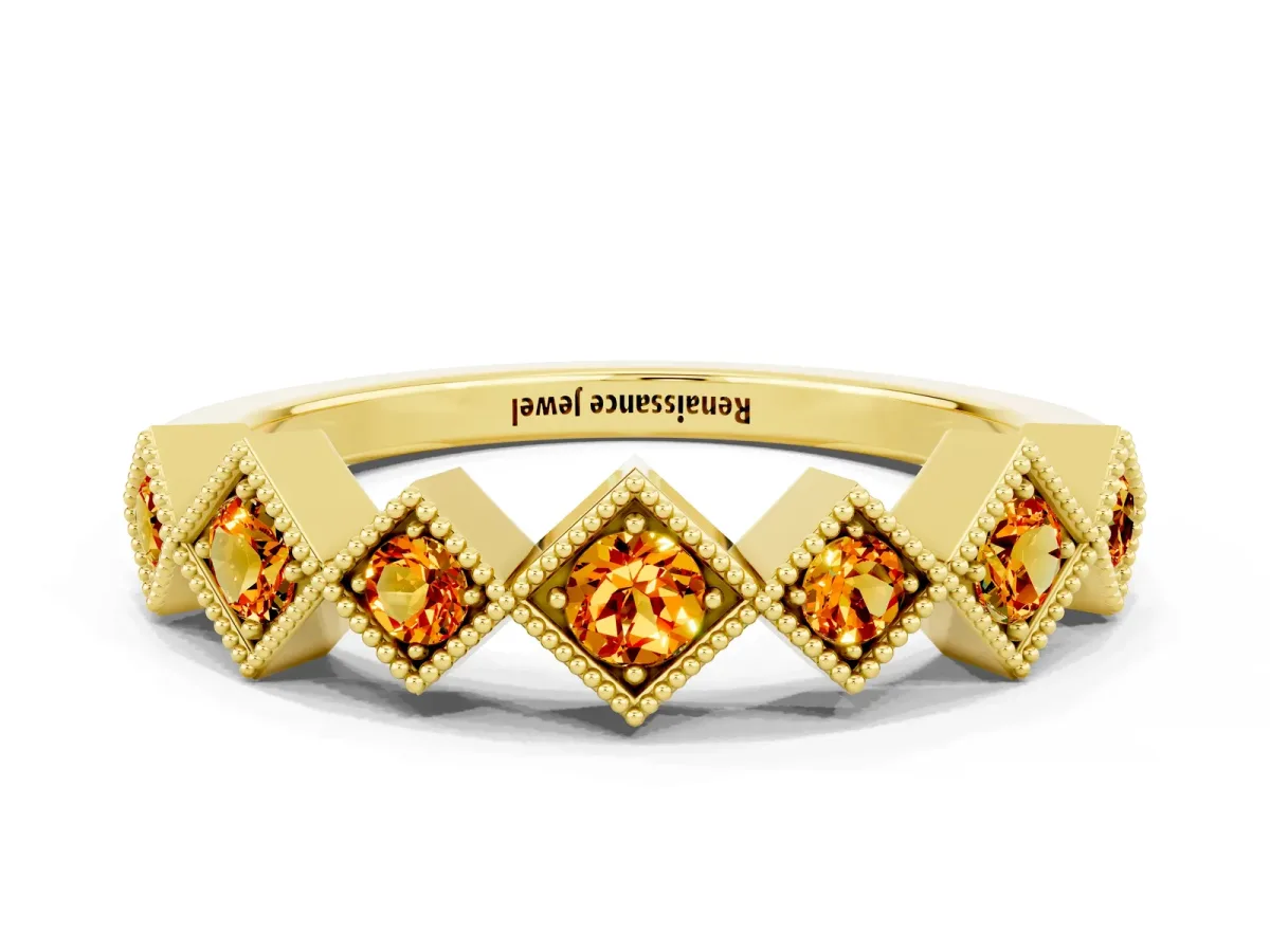 Milgrain Square Bezel Round Citrine Chevron Band Yellow gold
