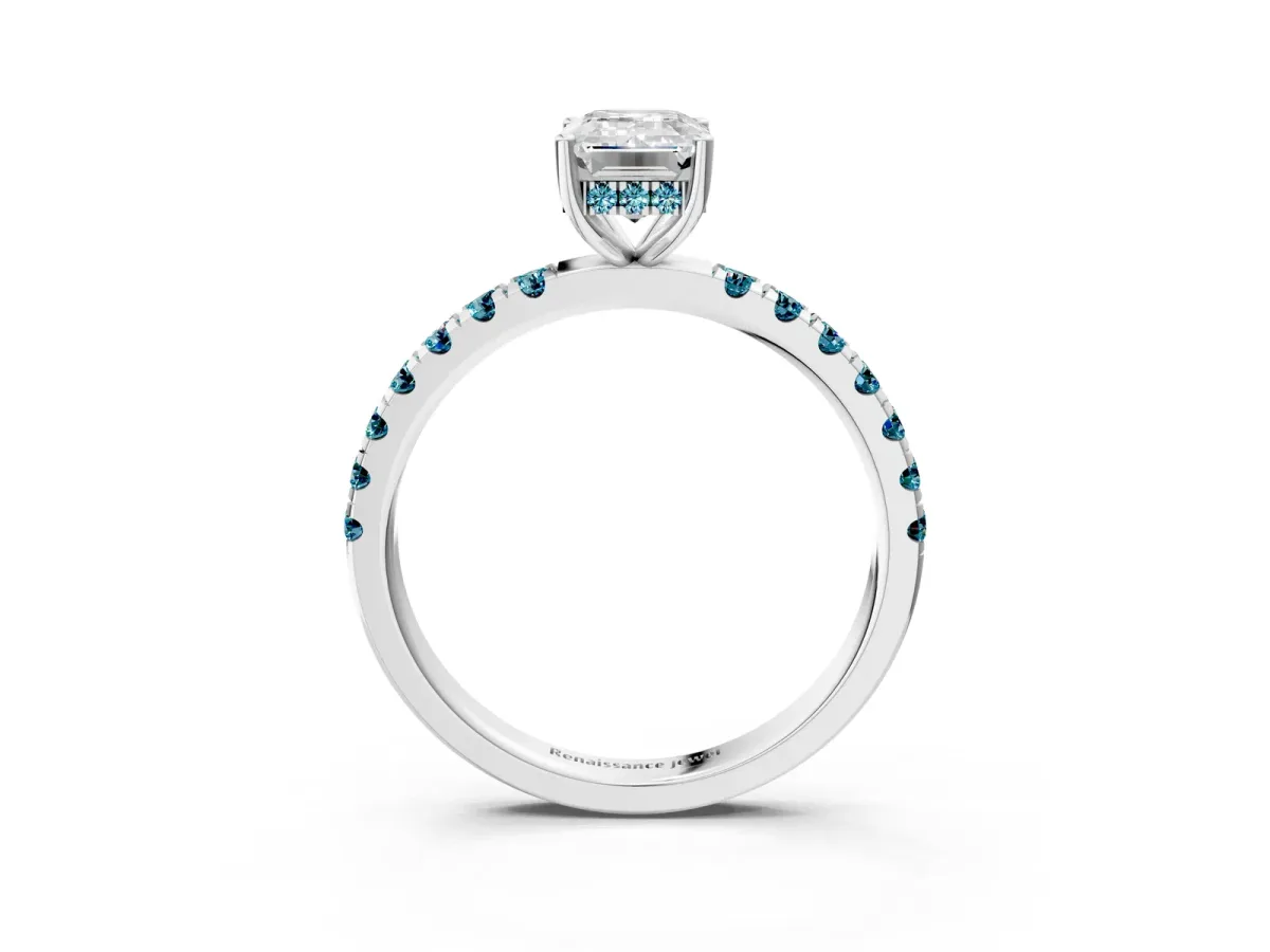 Emerald Cut Diamond Pave Band Solitaire Ring with Round Blue Topaz and Prong Setting Platinum