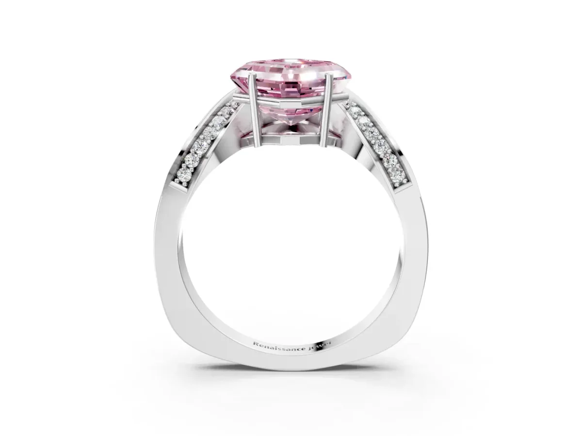 Fancy Pink Asscher Cut Solitaire Diamond Engagement Ring with Pave Band and Four-Prong Setting Silver