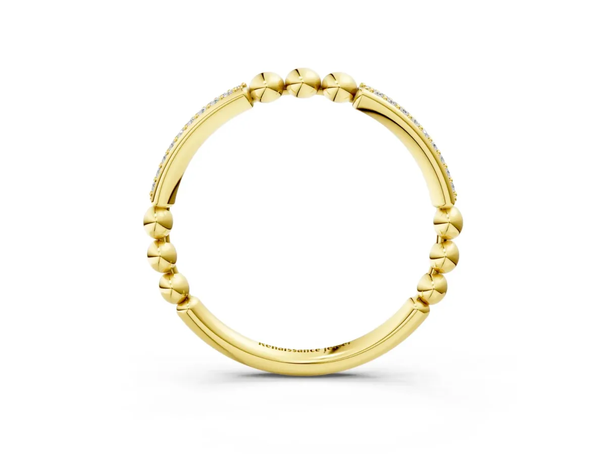 Pave Round Diamond Beaded Band with Shared Prong Setting Yellow gold