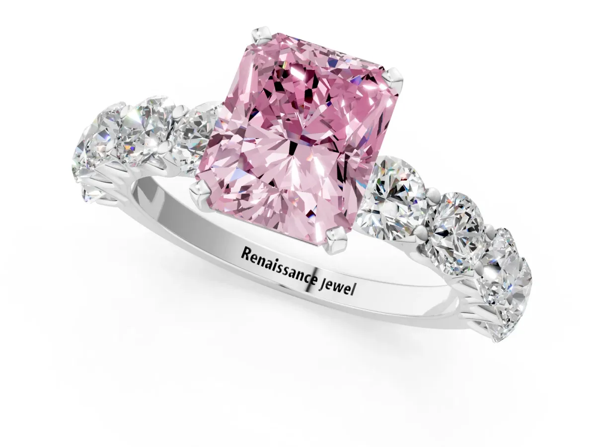 Fancy Pink Radiant Cut Diamond Prong Setting with Side Stones on a Pave Band Silver