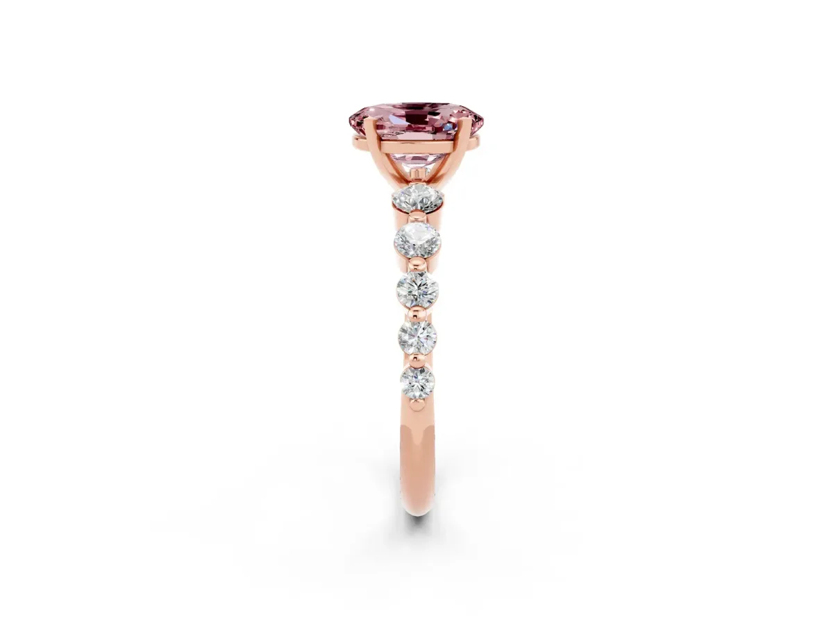 Oval Cut Solitaire Morganite Ring with Pave Band and Four-Prong Setting Rose gold