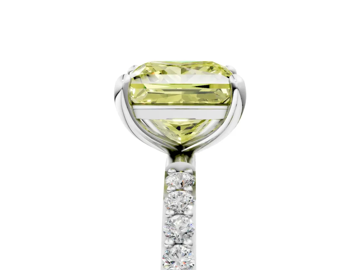 Fancy Yellow Princess Cut Diamond Solitaire Ring with Round Pavé Band and Prong Setting Silver