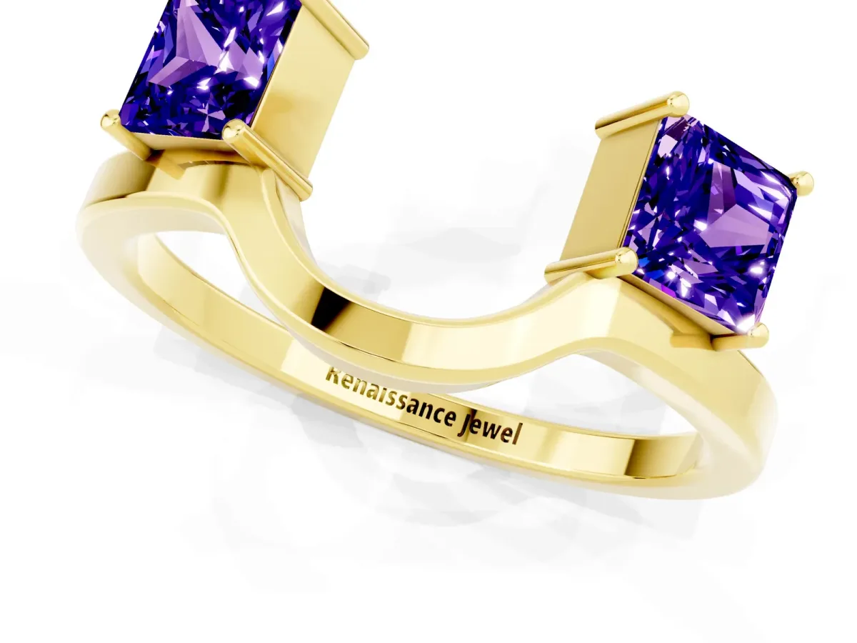 Princess Cut Tanzanite Two-Stone Open Band Ring with Four-Prong Setting Yellow gold