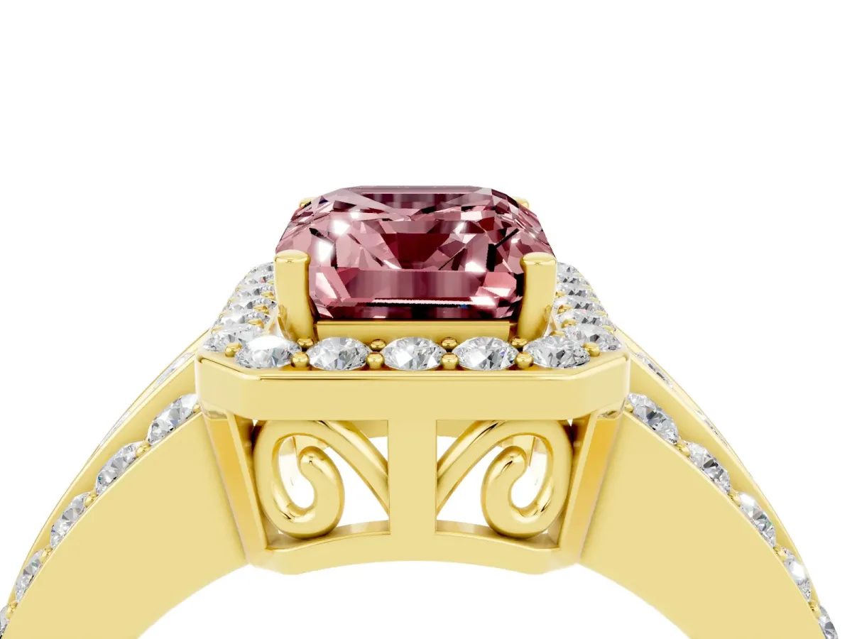 Emerald Cut Halo Morganite Ring with Round Split Shank and Prong Setting Yellow gold
