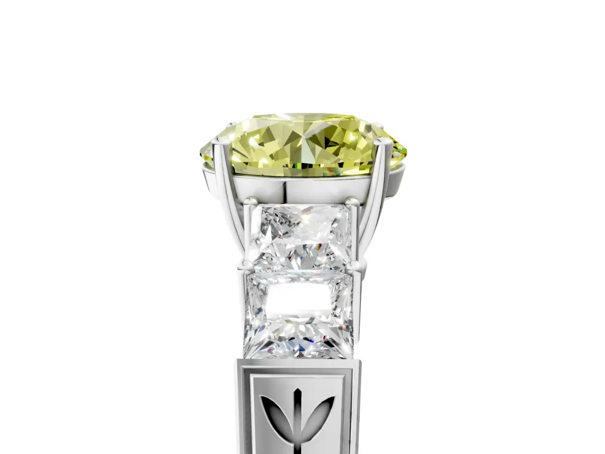 Fancy Yellow Round Cut Solitaire Princess Side Stone Engraved Band Prong Setting Ring Platinum
