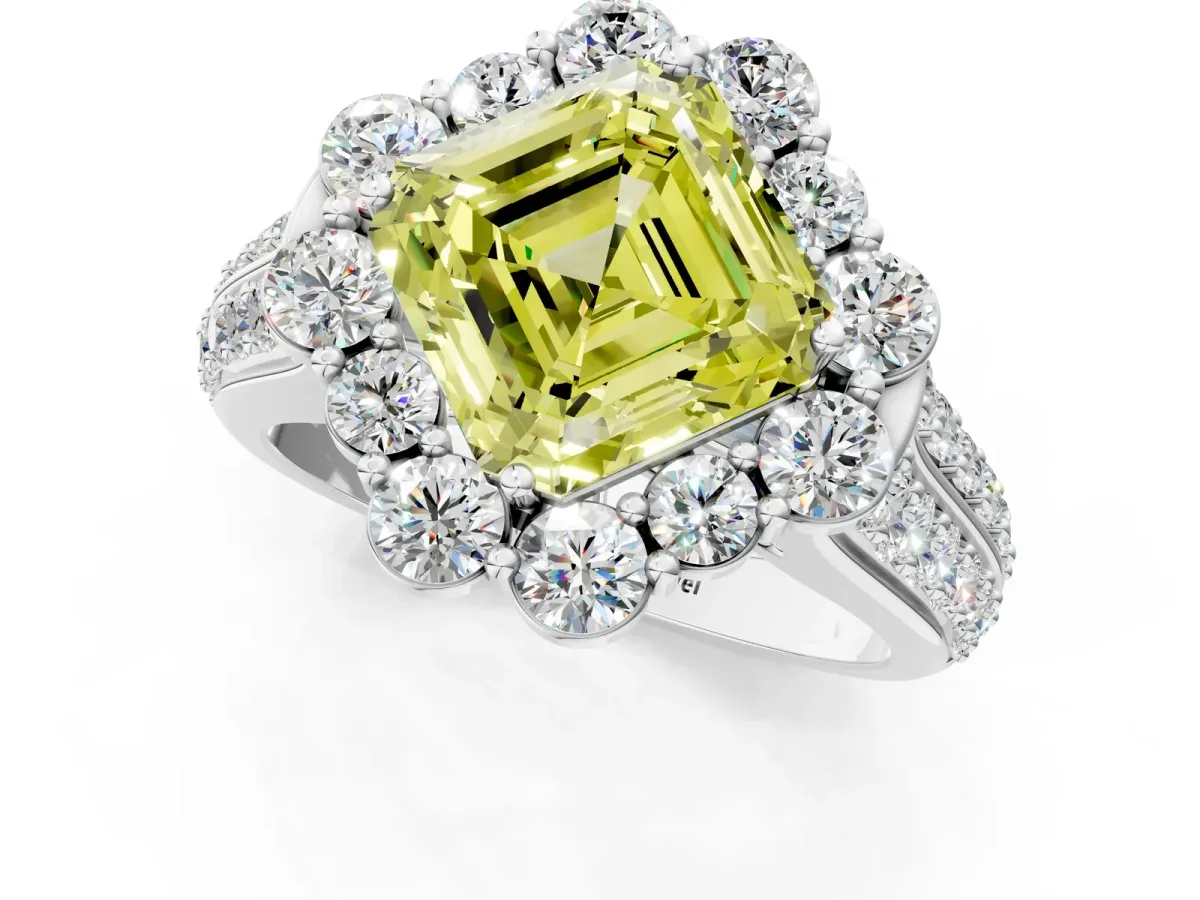 Fancy Yellow Asscher Cut Halo Diamond Engagement Ring with Split Shank and Prong Setting Platinum
