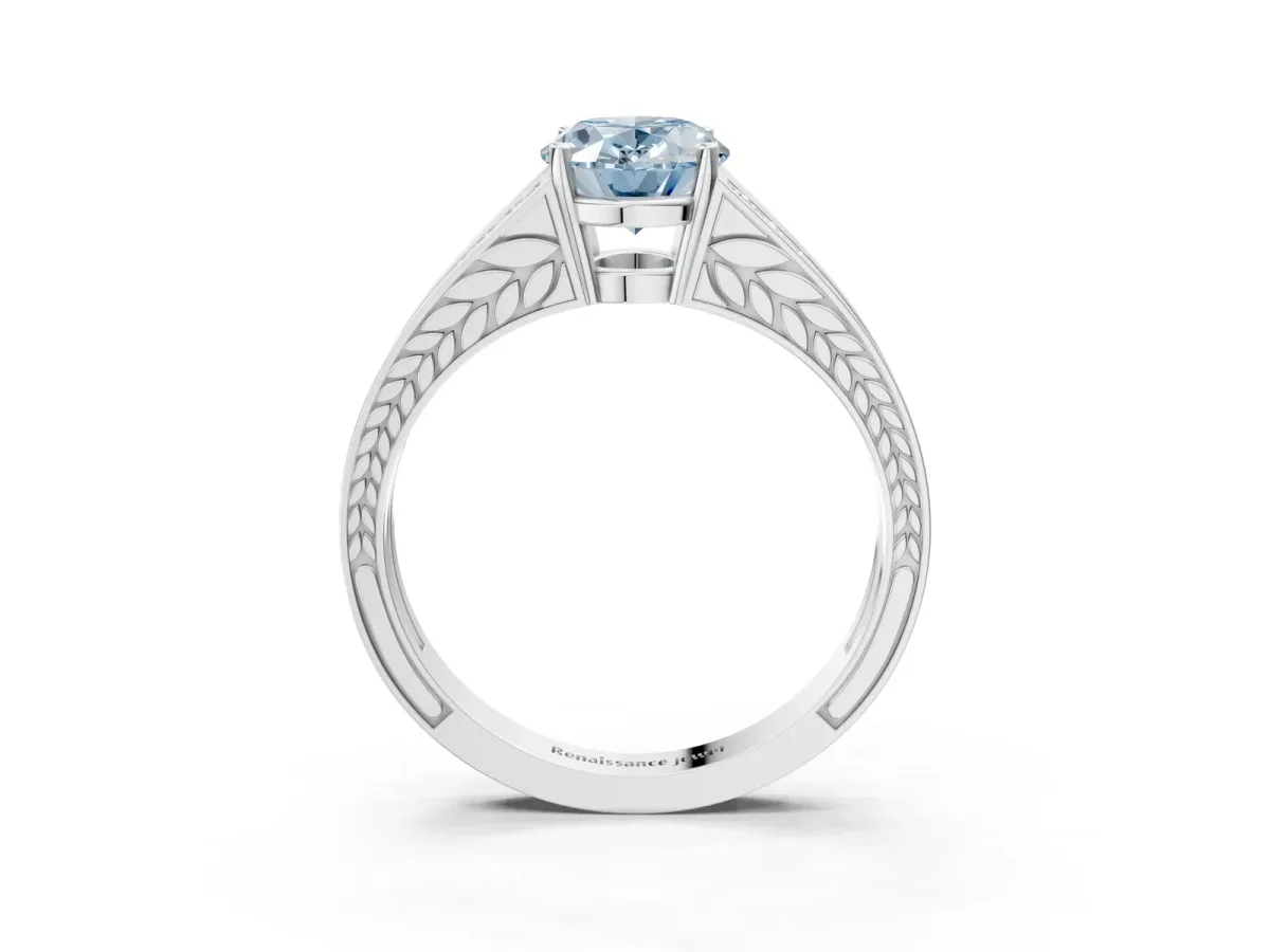 Fancy Blue Oval Cut Diamond Split Shank Ring with Pavé Band and Four-Prong Setting White gold