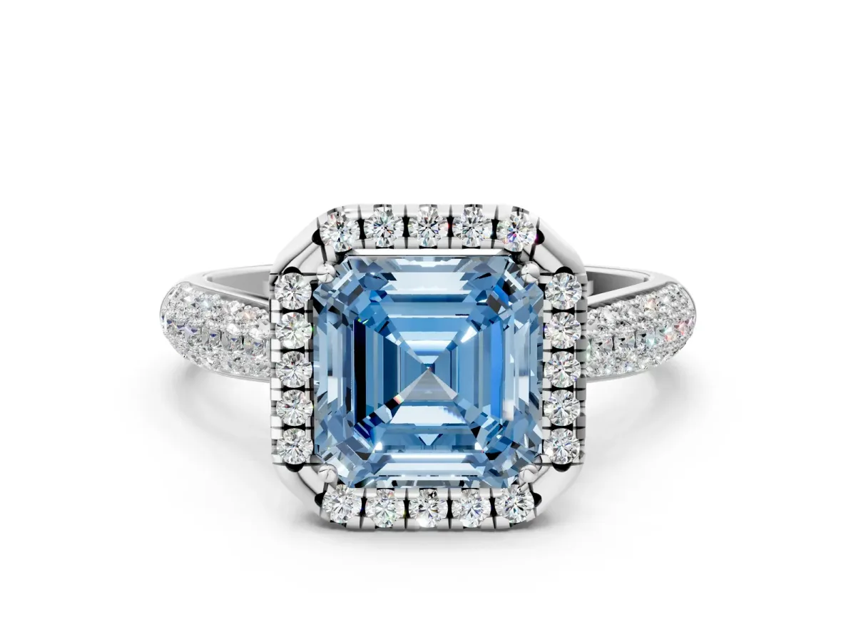 Fancy Blue Asscher Cut Halo Diamond Ring with Pavé Band Platinum