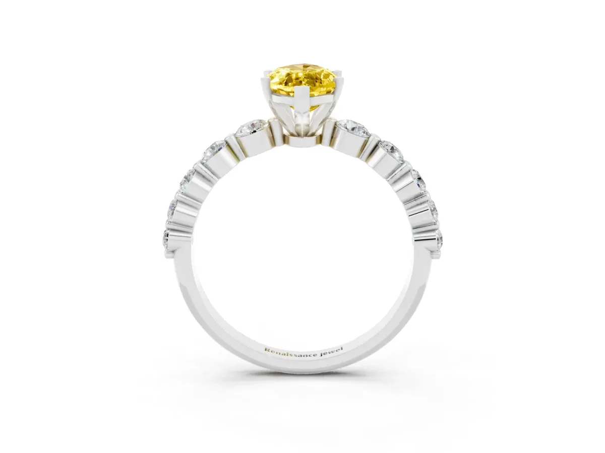 Marquise Cut Solitaire Yellow Sapphire Ring with Pave Band and Four-Prong Setting Silver
