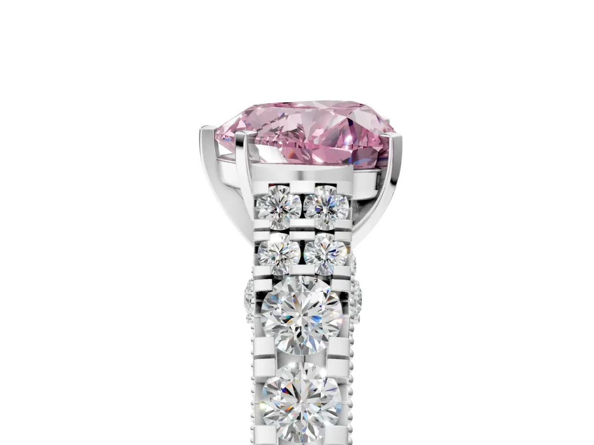 Fancy Pink Heart Cut Diamond Classic Solitaire Ring with Pavé Band and Four-Prong Setting Silver