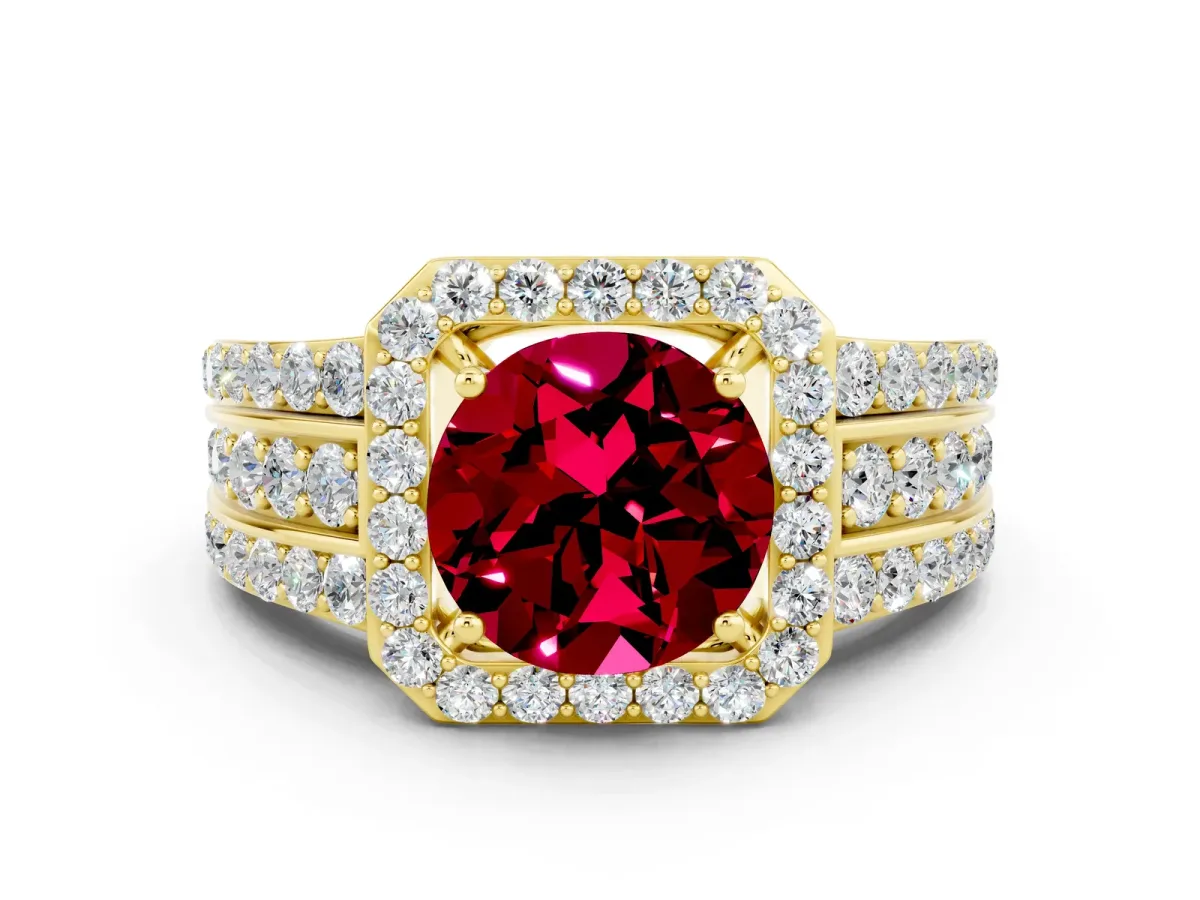 Round Cut Halo Garnet Ring with Round Split Shank and Prong Setting Yellow gold
