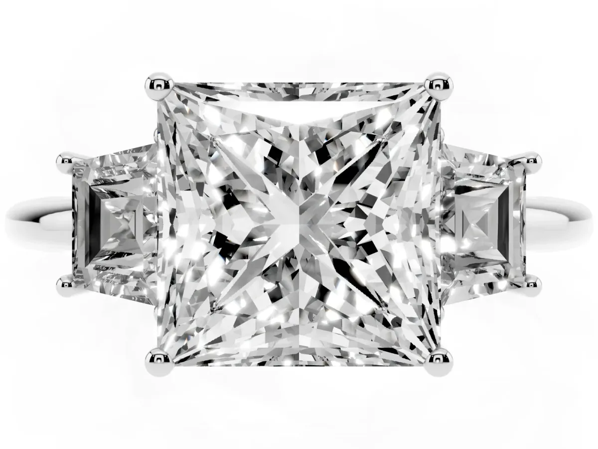 Princess Cut Diamond Three-Stone Ring with Trapezoid Side Stones and Prong Setting Platinum