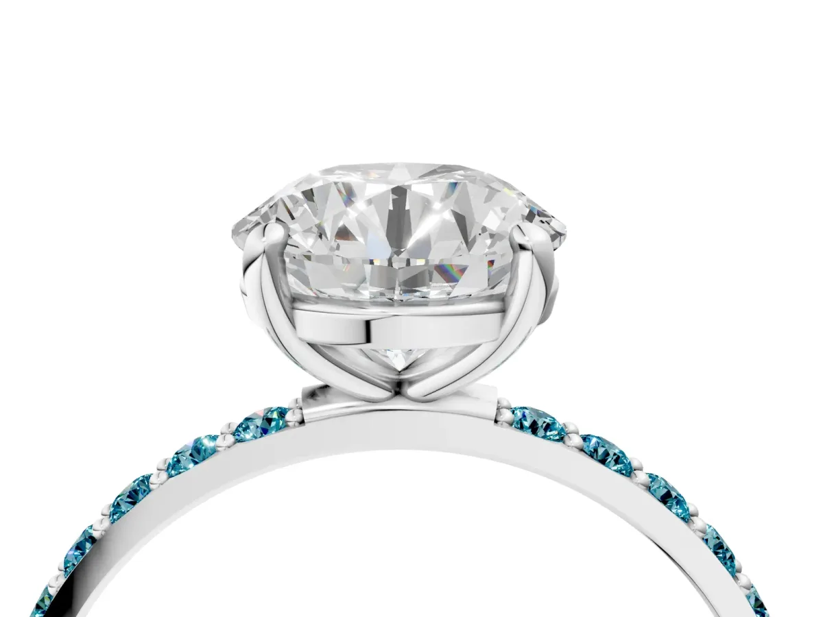 Round Cut Diamond Solitaire Ring with Round Blue Topaz Pavé Band and Prong Setting Silver