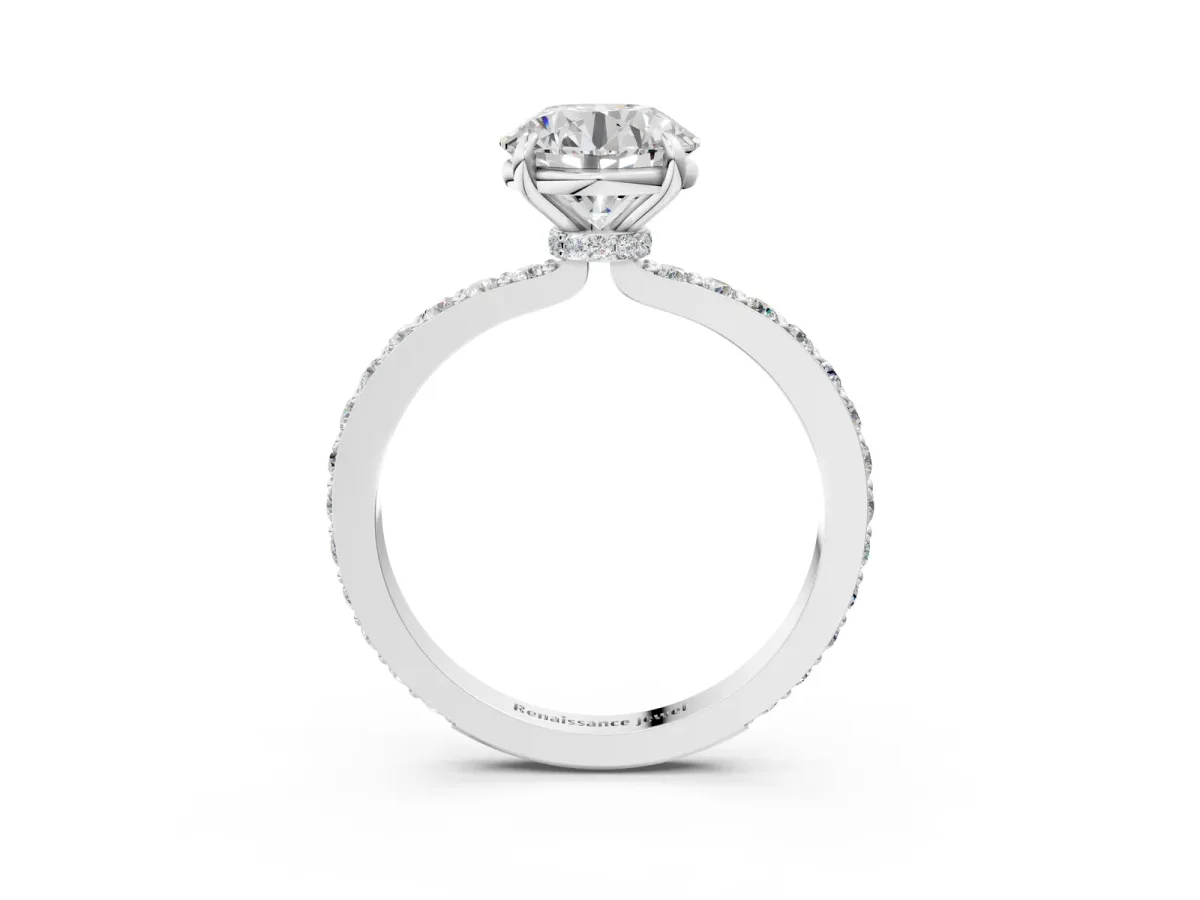 Round Cut Diamond Pavé Engagement Ring with Round Accents and Prong Setting Silver