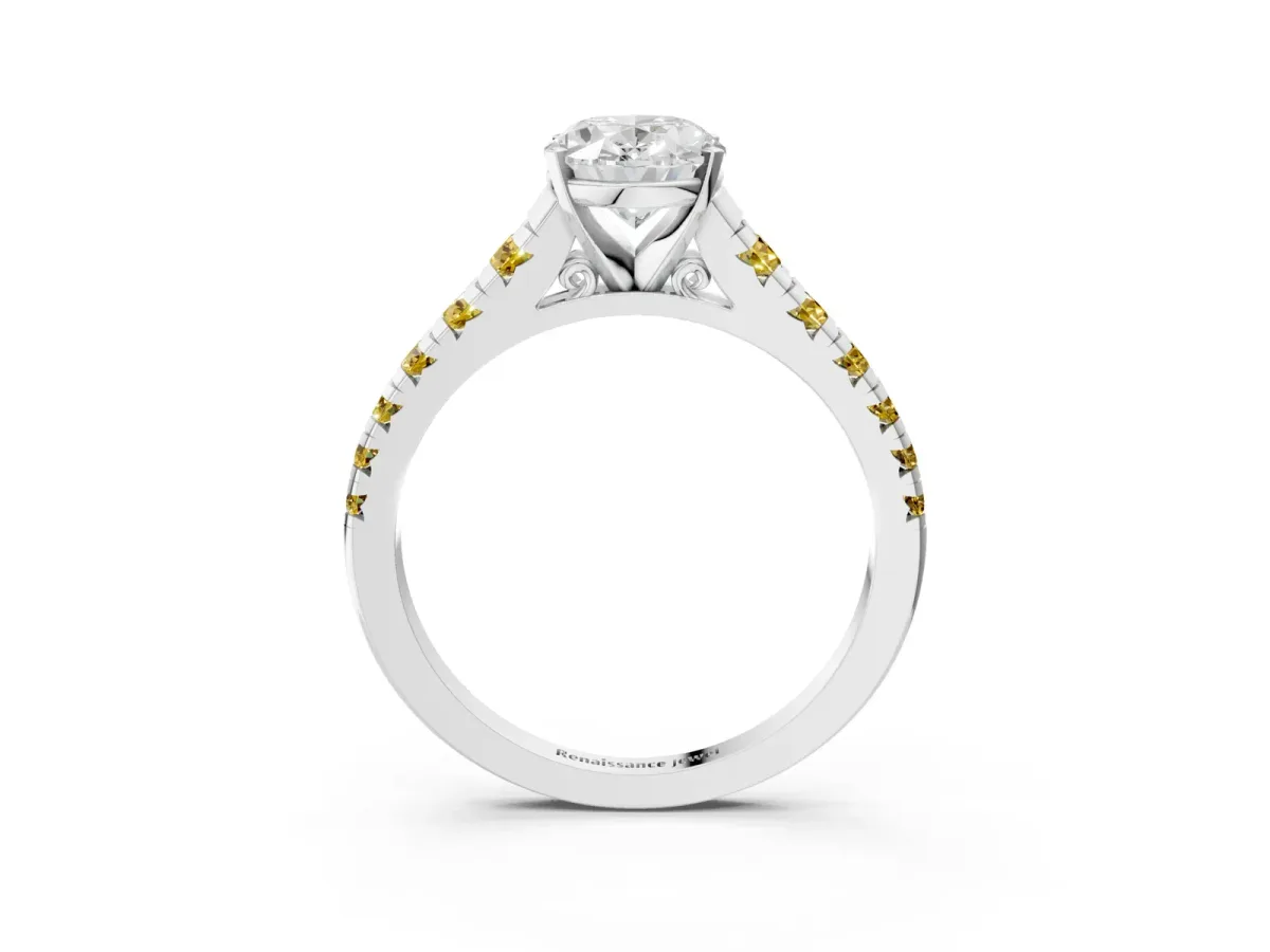 Oval Cut Diamond Cathedral Solitaire Ring with Round Yellow Sapphire Pavé Band Silver