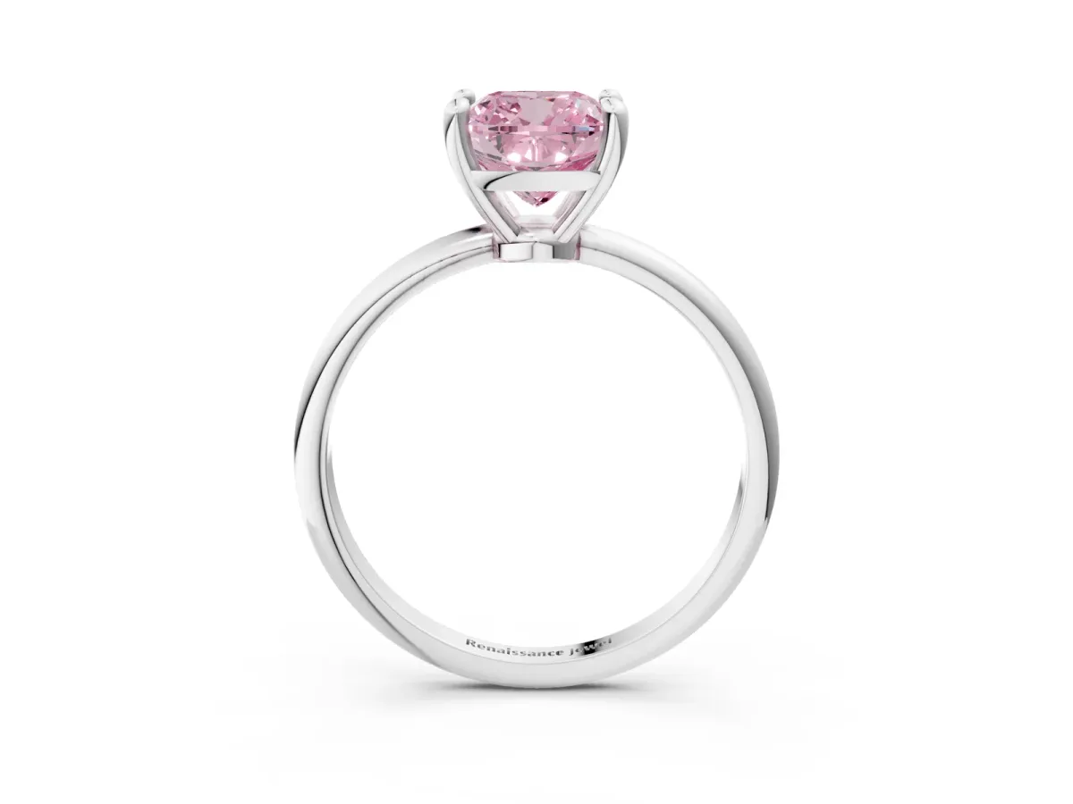 Fancy Pink Cushion Cut Solitaire Diamond Ring with 4-Prong Setting on a Classic Band Silver