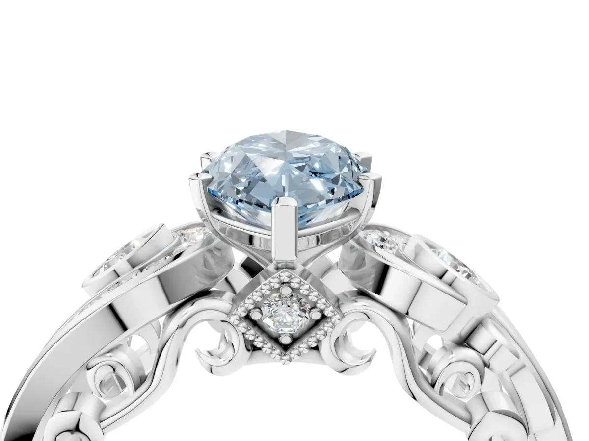 Fancy Blue Marquise Cut Diamond Solitaire Ring with Milgrain Pavé Band and Four-Prong Setting Silver