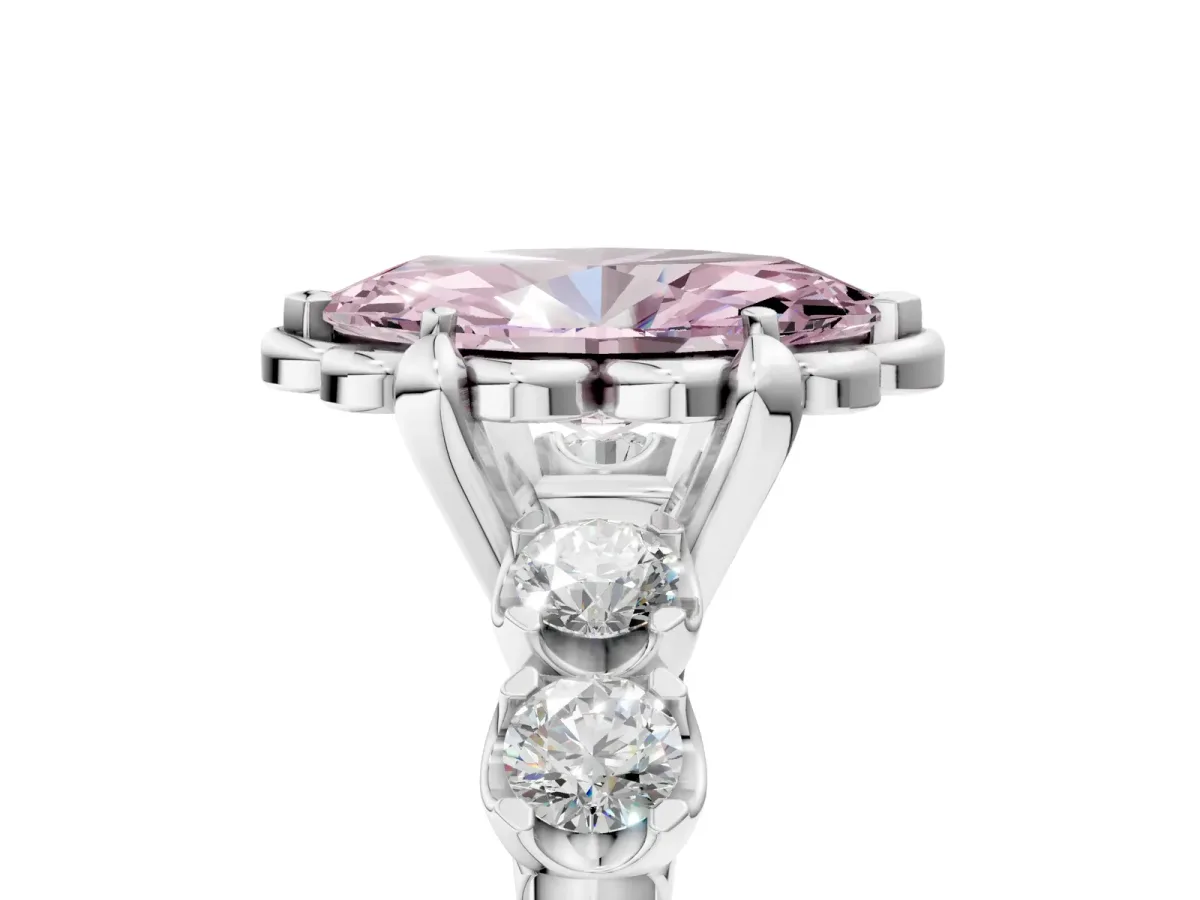 Fancy Pink Marquise Cut Cut Diamond Floral Halo Engagement Ring with Shared Prong Setting Silver