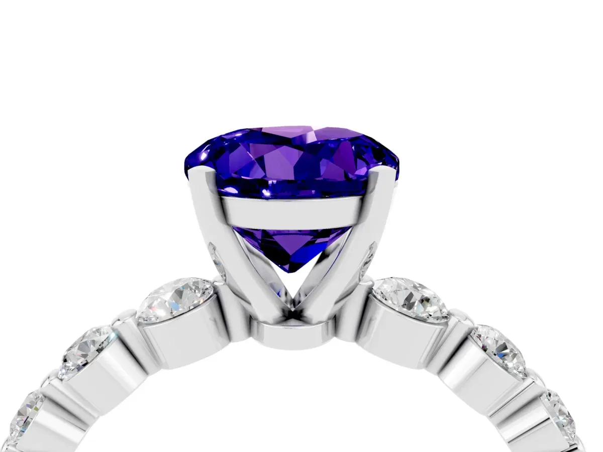 Round Cut Solitaire Tanzanite Ring with Pave Band and Four-Prong Setting Platinum