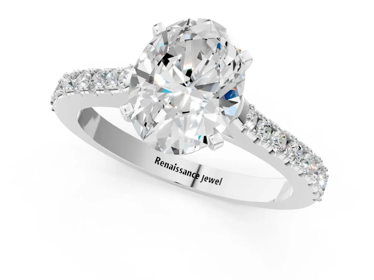 Oval Cut Cut Solitaire Diamond Engagement Ring with Pave Band and Four-Prong Setting Silver