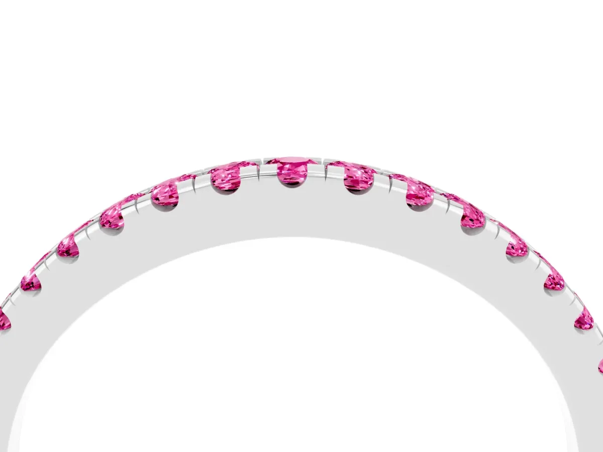 Round Pink Sapphire Pavé Half Eternity Band with Shared Prong Setting White gold
