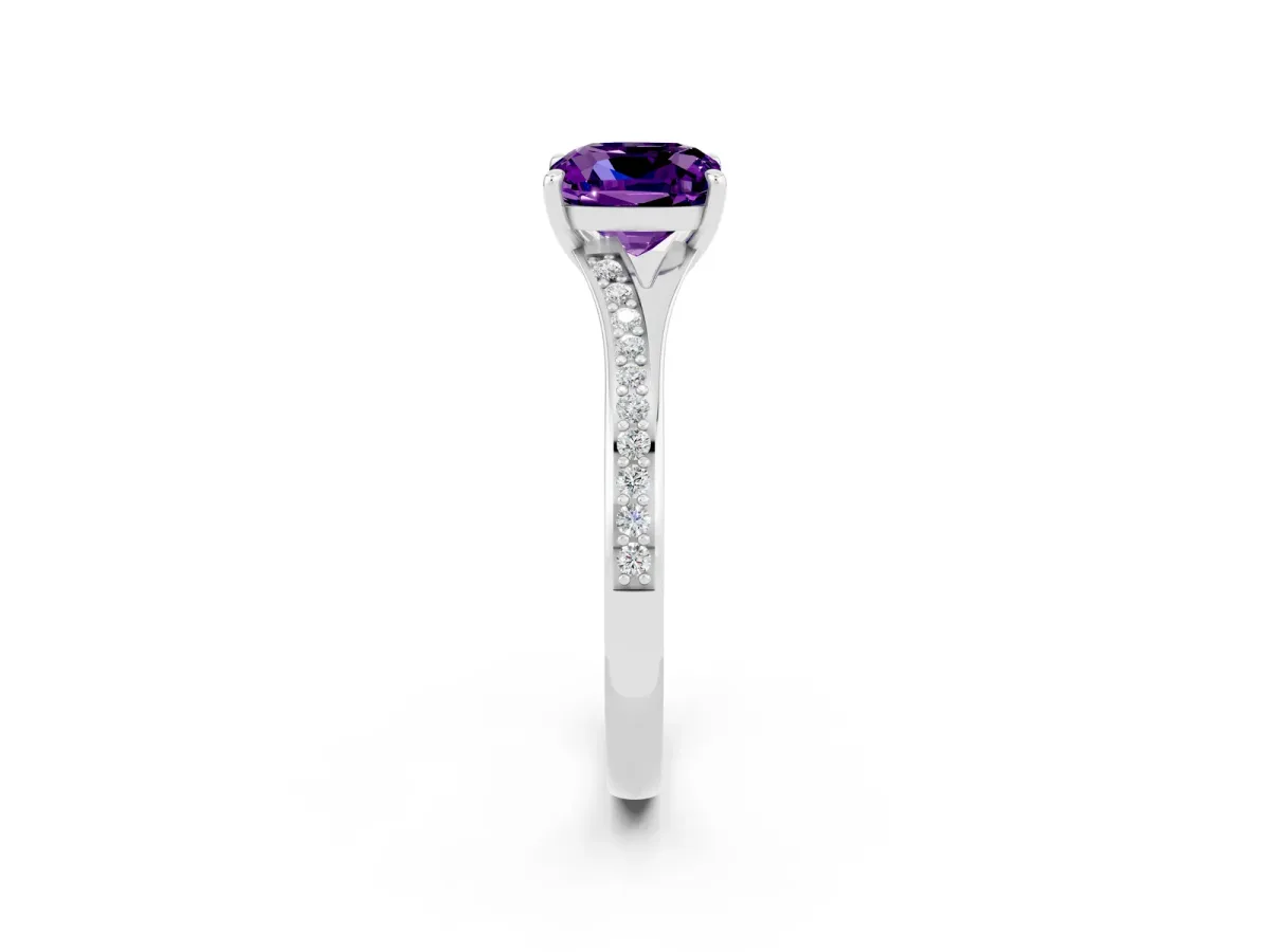 Cushion Cut Amethyst Solitaire Ring with Pavé Band and Prong Setting Silver