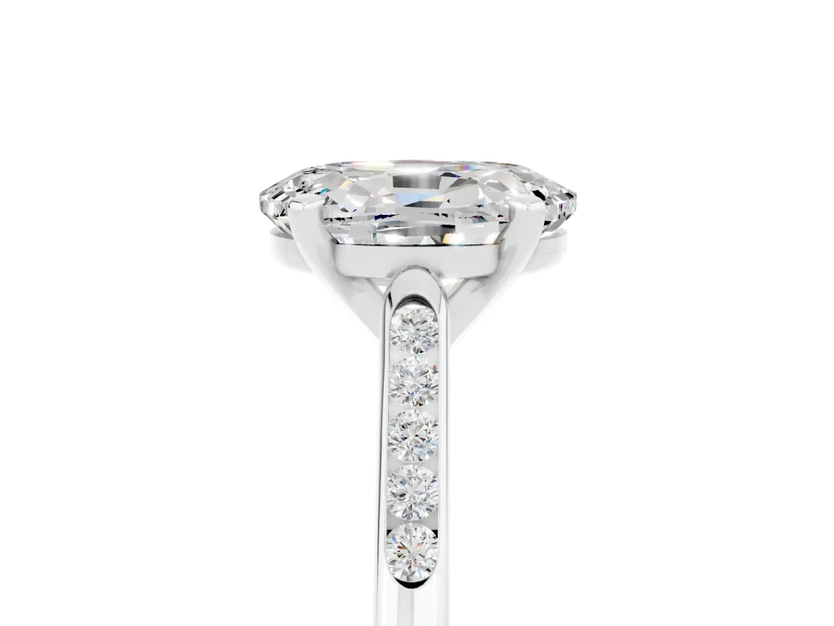 Oval Cut Moissanite Solitaire Ring with Channel Set Round Band and Prong Setting Silver