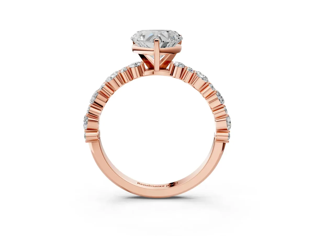 Heart Cut Diamond Side Stone Solitaire Ring with Round and Four-Prong Setting Rose gold